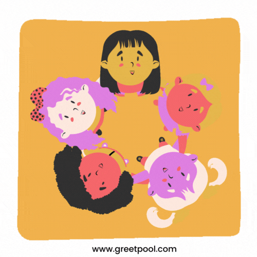 Animated sending hugs GIF with friends holding hands in circle