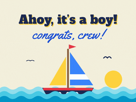 Ahoy Its A Boy Baby Sailboat Ahoy, it's a boy new baby message with a sailboat rocking on blue waves, congrats crew