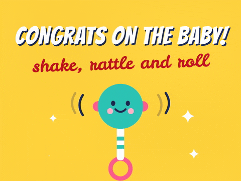 Congrats on the baby message with a smiling teal rattle shaking, shake rattle and roll, on yellow
