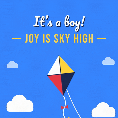 Its A Boy Baby Kite Sky It's a boy new baby message with a kite flying in a blue sky with clouds, joy is sky high
