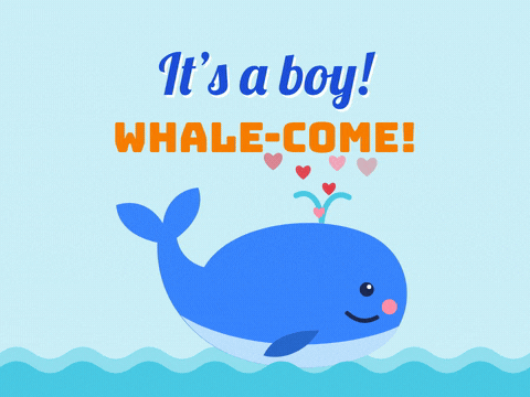 Its A Boy Baby Whale Hearts It's a boy new baby message with a smiling blue whale spouting hearts above the waves, whale-come