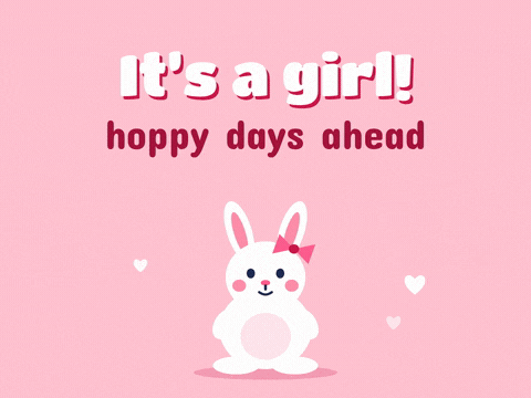 Its A Girl Baby Bunny Hop It's a girl new baby message with a white bunny in a pink bow hopping, hoppy days ahead