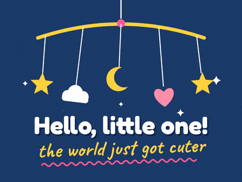Hello little one new baby message under a crib mobile of stars, a cloud, a moon and a heart on navy