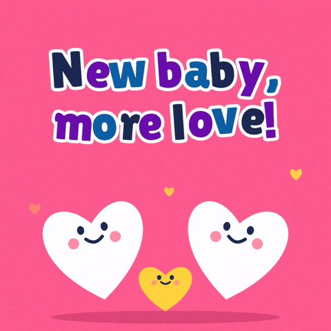 New Baby More Love Hearts New baby, more love message with two big smiling hearts and a little gold heart hopping between them
