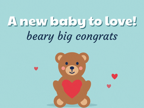 A new baby to love message with a brown teddy bear hugging a red heart, beary big congrats