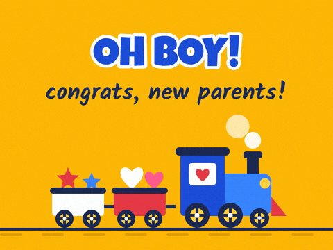 Oh Boy New Baby Toy Train Oh boy new baby message with a blue toy train pulling wagons of hearts and stars, congrats new parents