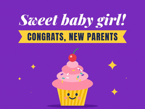 Sweet Baby Girl Pink Cupcake Sweet baby girl message with a smiling pink cupcake and a bouncing cherry, congrats new parents