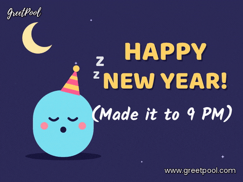Happy New Year sleepy blue character in a party hat snoozing under the moon, Made it to 9 PM