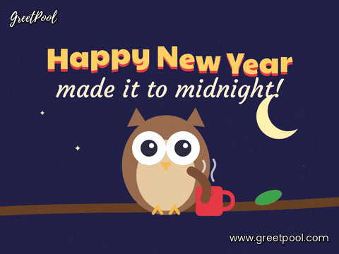 Funny New Year Night Owl Midnight Happy New Year, made it to midnight, a wide-eyed night owl with a coffee mug on a moonlit branch