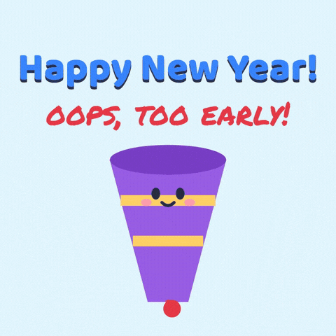 Funny New Year Party Popper Oops Happy New Year, oops too early, a cute purple party popper pulls its string and gets confetti in its face