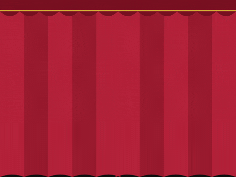 Happy New Year, let the party begin, red stage curtains part on gold art deco lettering
