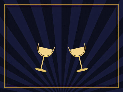 Happy New Year in gold art deco letters with two glasses clinking on a navy sunburst, Cheers to you