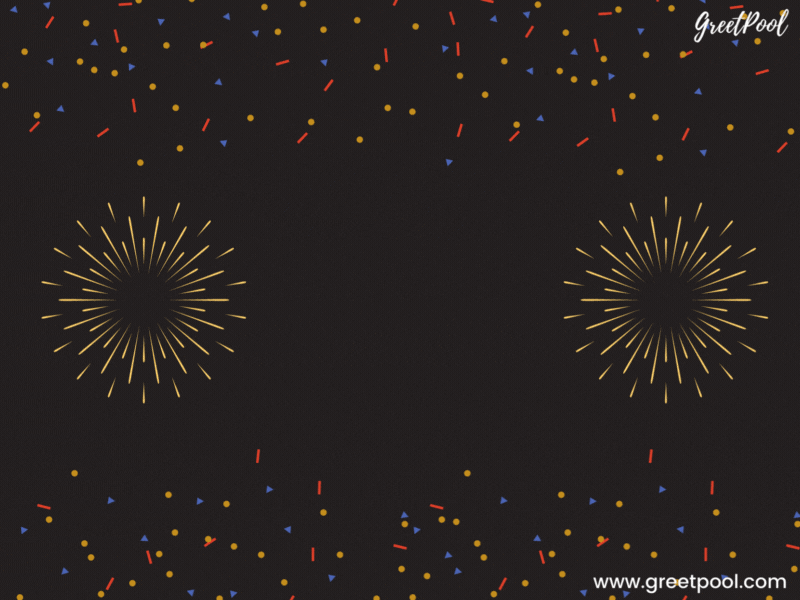 Animated happy new year GIF with black and gold confetti design