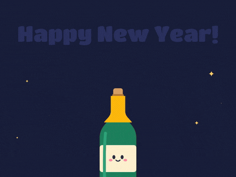 Happy New Year Champagne Cork Pop Happy New Year, pop the bubbly, a smiling champagne bottle shakes and pops its cork with foam on navy