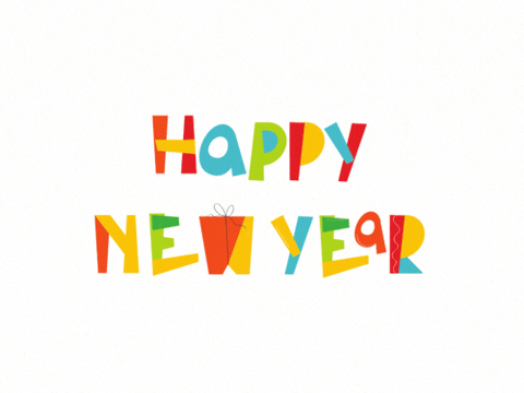 Animated happy new year GIF with colorful playful lettering