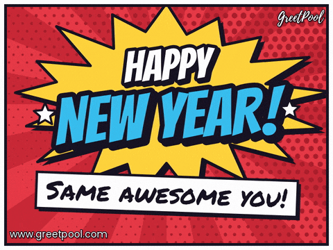 Happy New Year comic book starburst on red halftone dots with a Same awesome you caption box