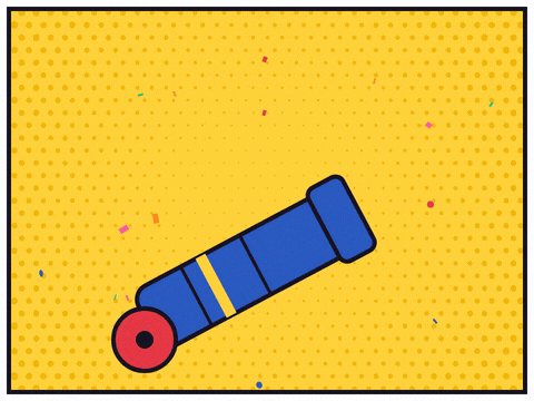 Happy New Year, let's go, a comic blue confetti cannon fires a boom burst on yellow halftone