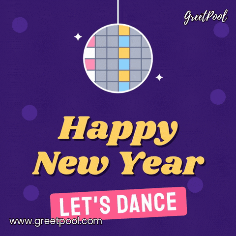 Happy New Year in gold retro letters under a swinging disco ball on purple with a pink Let's dance stamp