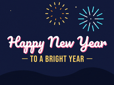 Happy New Year in white script with pink, blue and gold fireworks bursting over dark hills, To a bright year