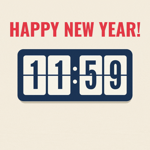 Happy New Year flip clock turning from 11:59 to 12:00 with confetti and Right on time in navy script