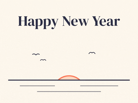 Happy New Year, a fresh start, line art sun rising over the horizon with rays drawing on and birds