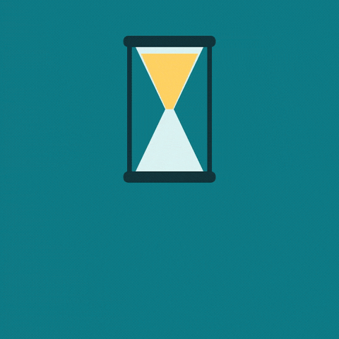 Happy New Year hourglass running out of sand and flipping over as confetti pops on a teal background