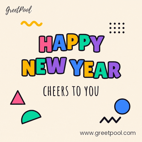 Happy New Year, cheers to you, hopping multicolour letters with bouncing Memphis shapes on cream