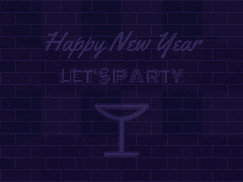 Happy New Year Neon Lets Party Happy New Year pink neon script and blue neon let's party sign lighting up over a neon coupe glass