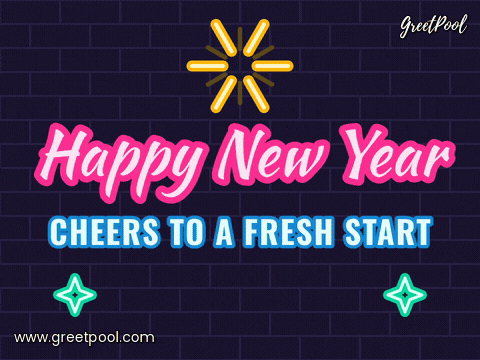 Happy New Year pink neon sign on a brick wall with a gold neon firework and Cheers to a fresh start in blue