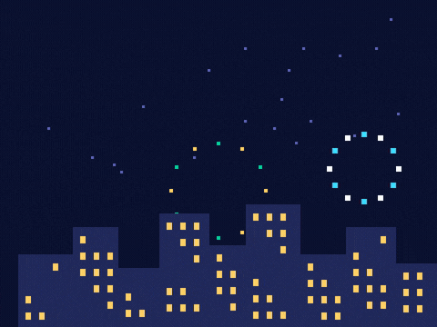 Happy New Year Pixel City Fireworks Happy New Year in 8-bit letters with pixel fireworks bursting over a pixel city skyline, cheers