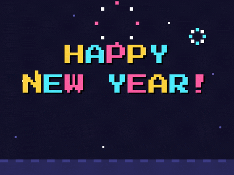 Happy New Year pixel art game screen with 8-bit fireworks, flashing arcade letters and New level typed below