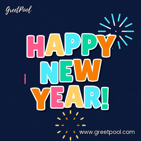 Happy New Year in hopping rainbow block letters with pink, blue and gold fireworks on a navy background