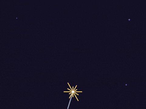 Happy New Year written in gold script by a sparkler on a dark background with Shine bright below