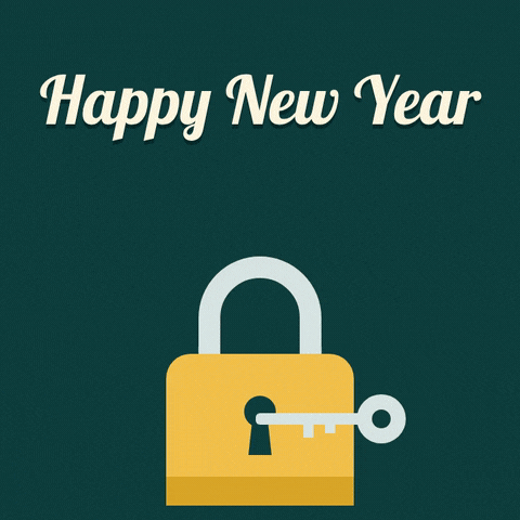 Happy New Year Unlock Padlock Happy New Year, new adventures, a key turns and a gold padlock springs open with sparkles on teal