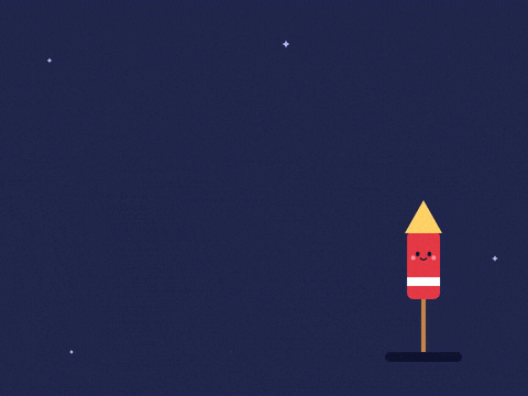 Have a blast, Happy New Year with a smiling firework rocket launching and bursting on a night sky
