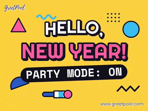 Hello, New Year in bold outlined letters on yellow with a party blower, bouncing shapes and Party mode: on
