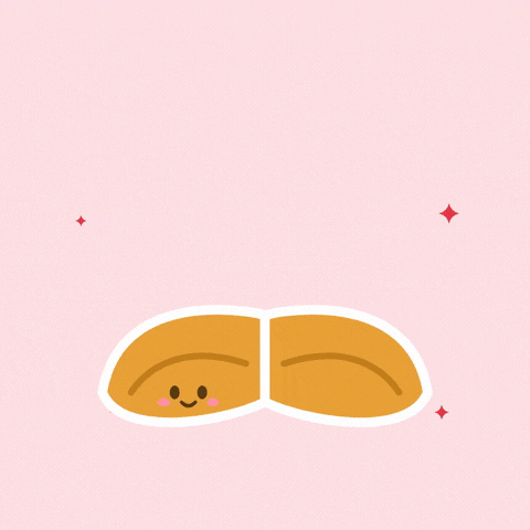 New Year Fortune Cookie Big Things Happy New Year fortune cookie cracking open as a slip reading big things ahead slides out on pink