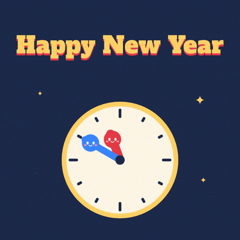 Happy New Year, it's midnight, two smiling clock hands meet at twelve and hug as a pink heart pops