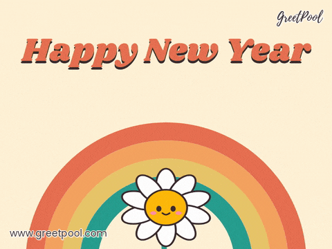 New Year Stay Groovy Daisy Happy New Year, stay groovy, a smiling daisy bouncing in front of a 70s retro rainbow arch