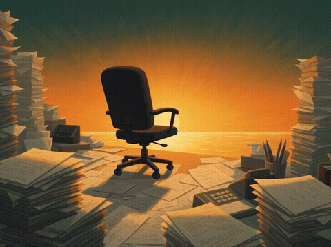 Small boat drifting on a golden sunset sea with Happy Retirement message, animated retirement GIF