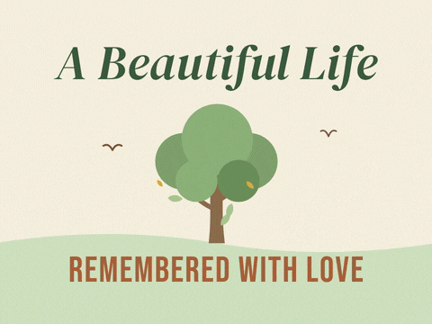 A beautiful life remembered with love sympathy tree with leaves drifting down and birds flying