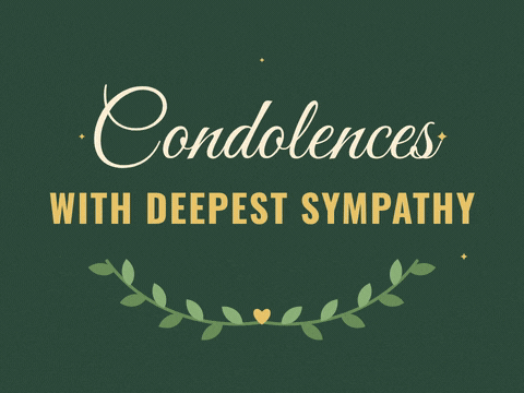 Condolences with deepest sympathy in gold script between two laurel branches on deep green