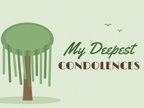 My deepest condolences message beside a weeping willow tree swaying softly on pale green