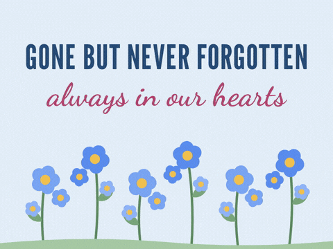 Gone but never forgotten, always in our hearts sympathy message over swaying blue forget-me-nots