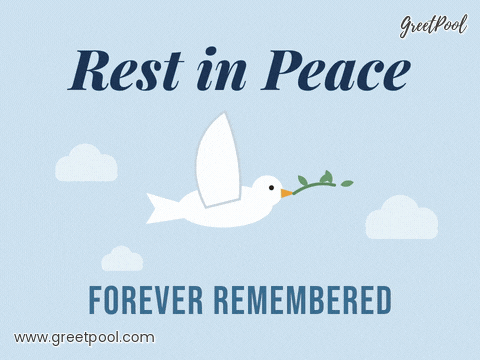 Rest in peace white dove carrying an olive branch across a pale blue sky, forever remembered