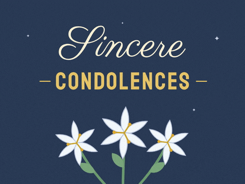 Sincere condolences in gold lettering above three white lilies on a navy night background