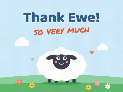 Thank ewe so very much pun with a fluffy sheep hopping on a green hill under a blue sky