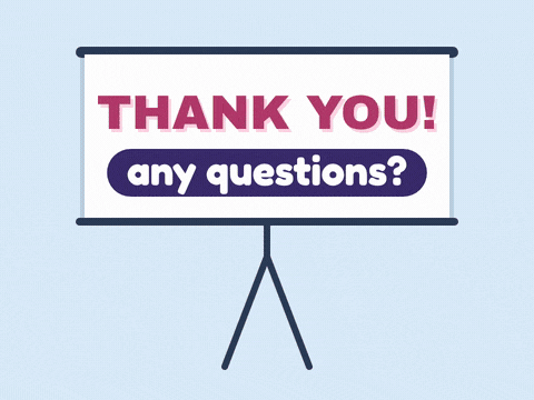 Thank you, any questions presentation screen with raised hands, made for the last slide of a talk