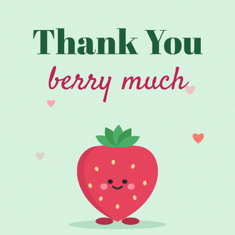 Thank you berry much pun with a smiling strawberry hopping among hearts on a mint background
