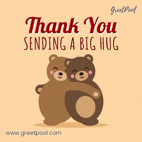 Thank you, sending a big hug, as two brown bears hug with arms around each other and little hearts above